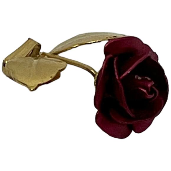 Deep Red Rose Gold Leaf Pendant - Romantic Floral Jewelry Burgundy Metal Flower - Picture 3 of 7